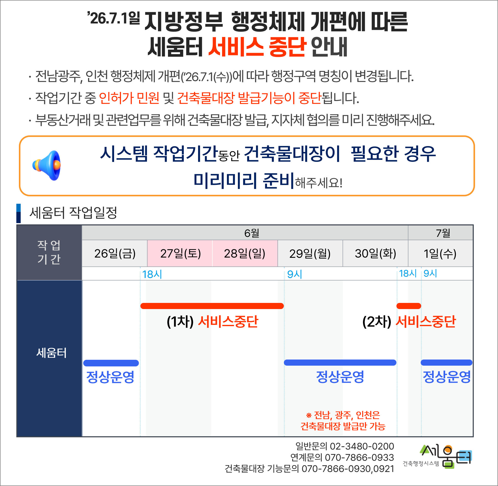 건축행정시스템(세움터) 서비스 중단 안내[(1차) '26. 6. 26.(금) 19:00 ~ 6. 29.(월) 09:00 / (2차) '26. 6. 30.(화) 19:00 ~ 7. 1.(수) 09:00]