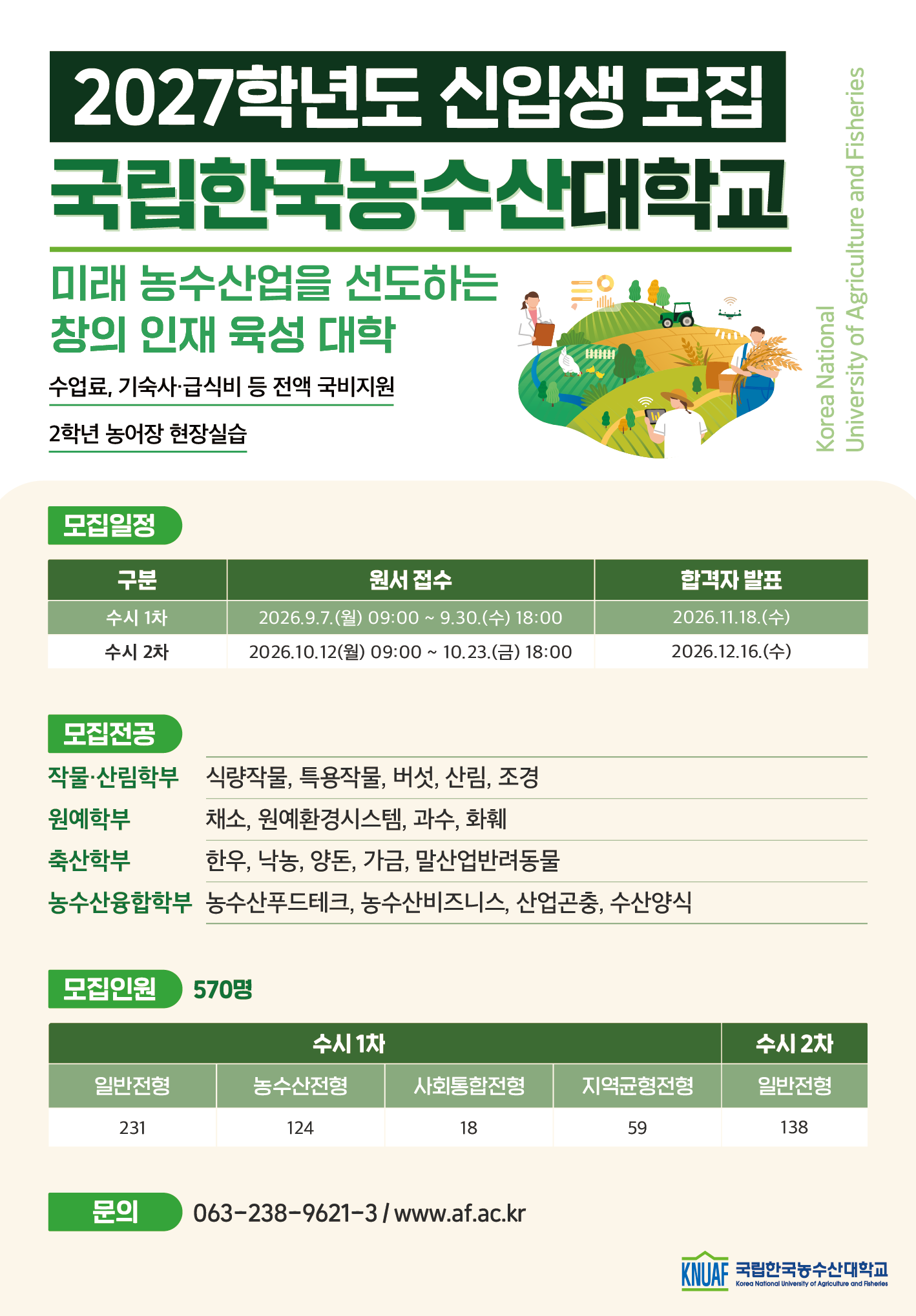 1. 귀 기관의 무궁한 발전을 기원합니다. 2. 국립한국농수산대학교는 수업료, 기숙사·급식비 등을 전액 국비로 지원하여 운영하는...