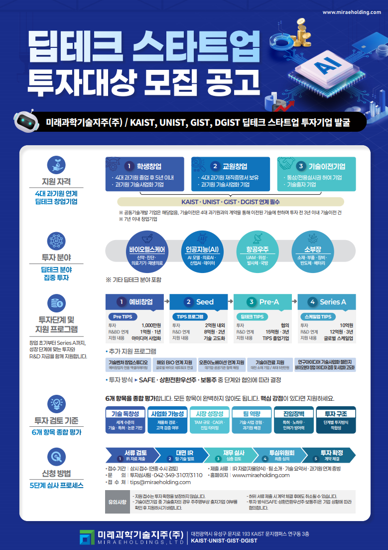 미래과학기술지주(주) 딥테크 스타트업 투자대상 모집공고