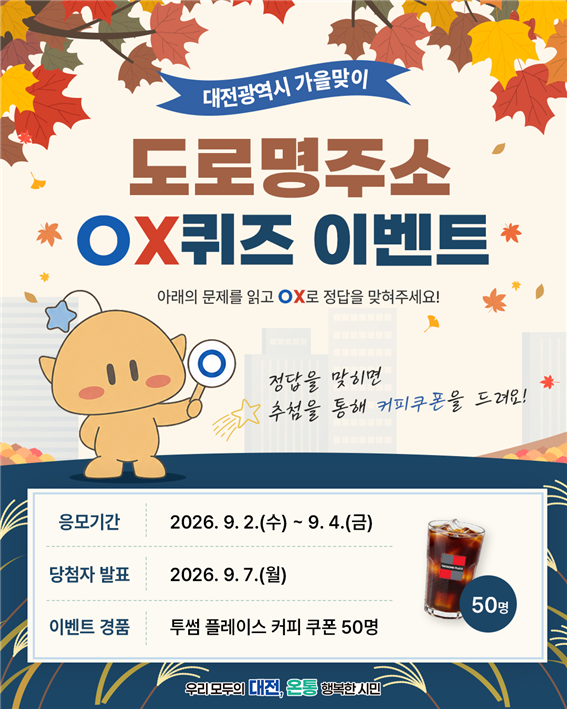 대전광역시 가을맞이 도로명주소 OX퀴즈 이벤트 아래의 문제를 읽고 OX로 정답을 맞혀주세요! 정답을 맞히면 추첨을 통해 커피쿠폰을 드려요! 응모기간 2026. 9. 2.(수) ~ 9.4.(금) / 당첨자 발표 2026. 9. 7.(월) / 이벤트 경품 투썸 플레이스 커피 쿠폰 50명 (우리모두의 대전, 온통 행복한 시민)