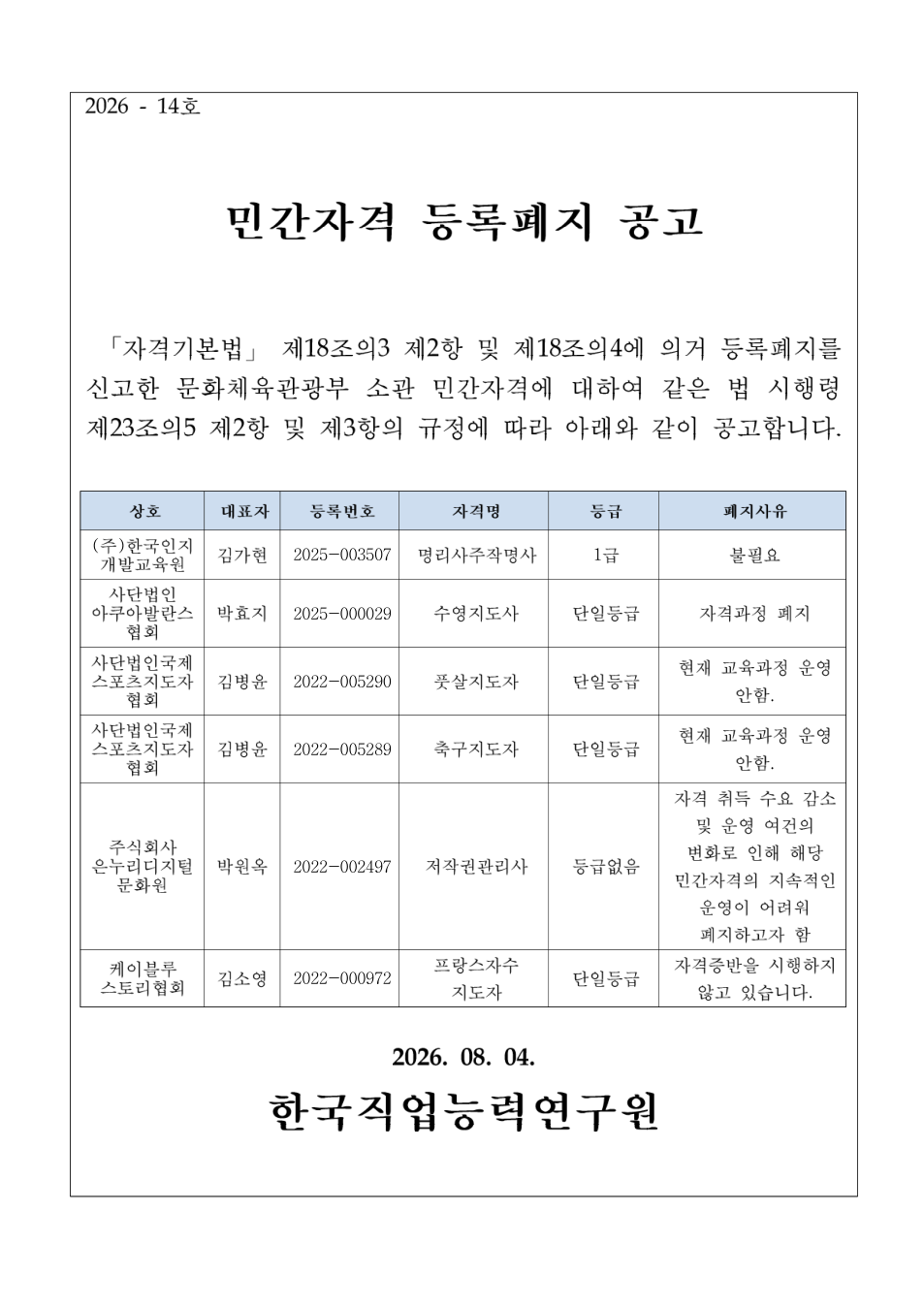 민간자격 등록폐지 공고 첨부 이미지 1