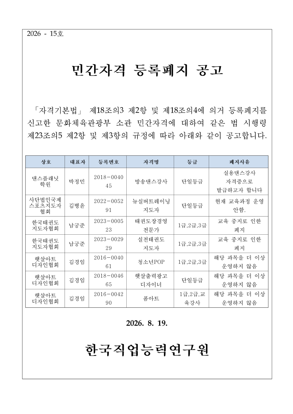 민간자격 등록폐지 공고 첨부 이미지 1
