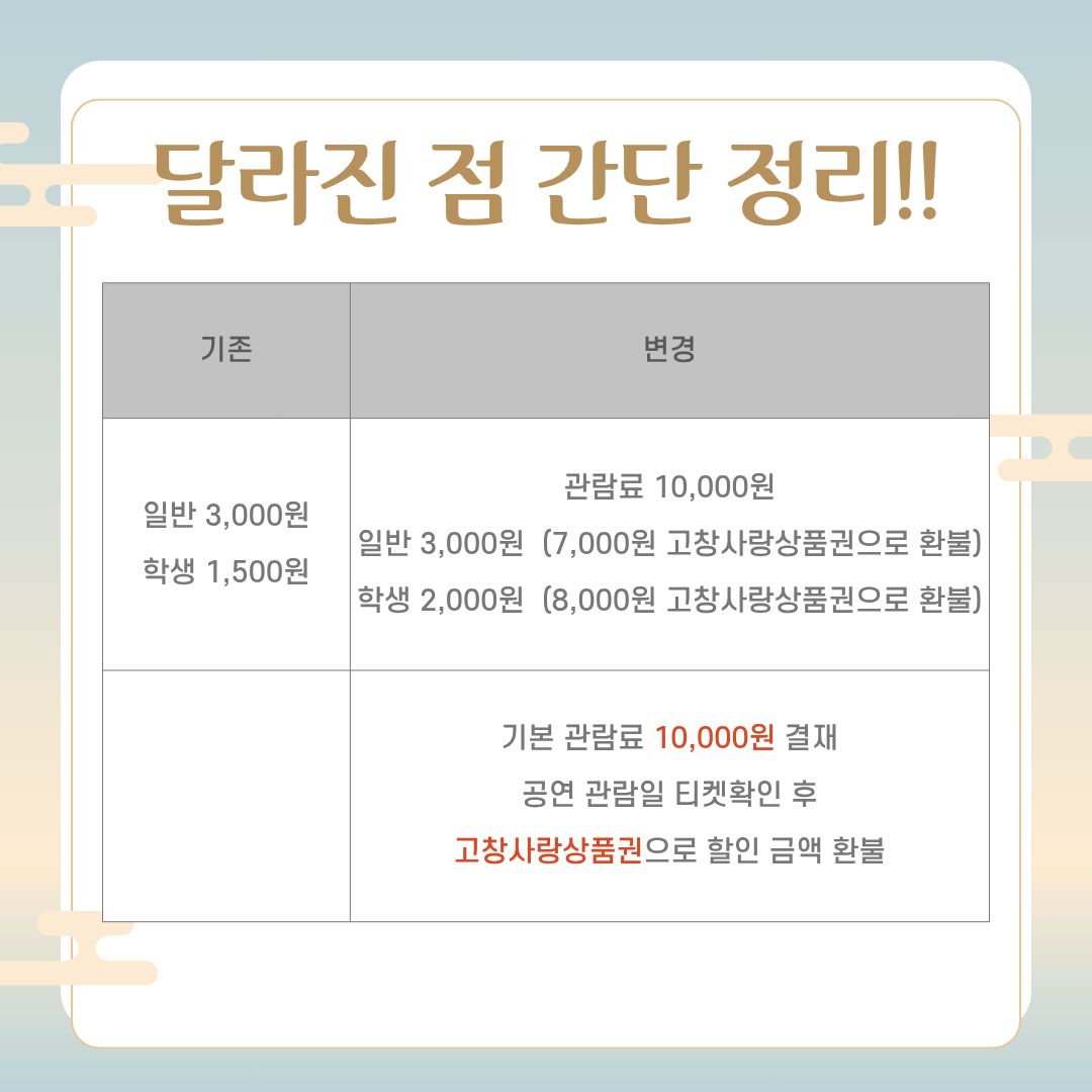 [고창문화의전당] 관람료 변경 안내 11. 26. 공연부터 시행!! 기본 10,000원 고창문화의전당 홈페이지 및 현장예매 *기본 티켓료...