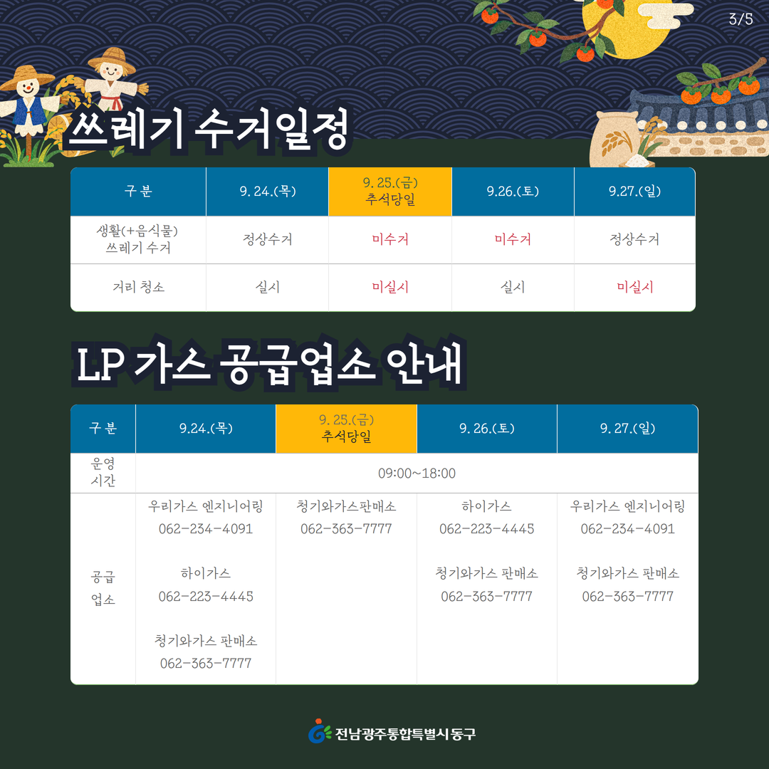 추석연휴 쓰레기수거일정 및 LP가스 공급업소 안내