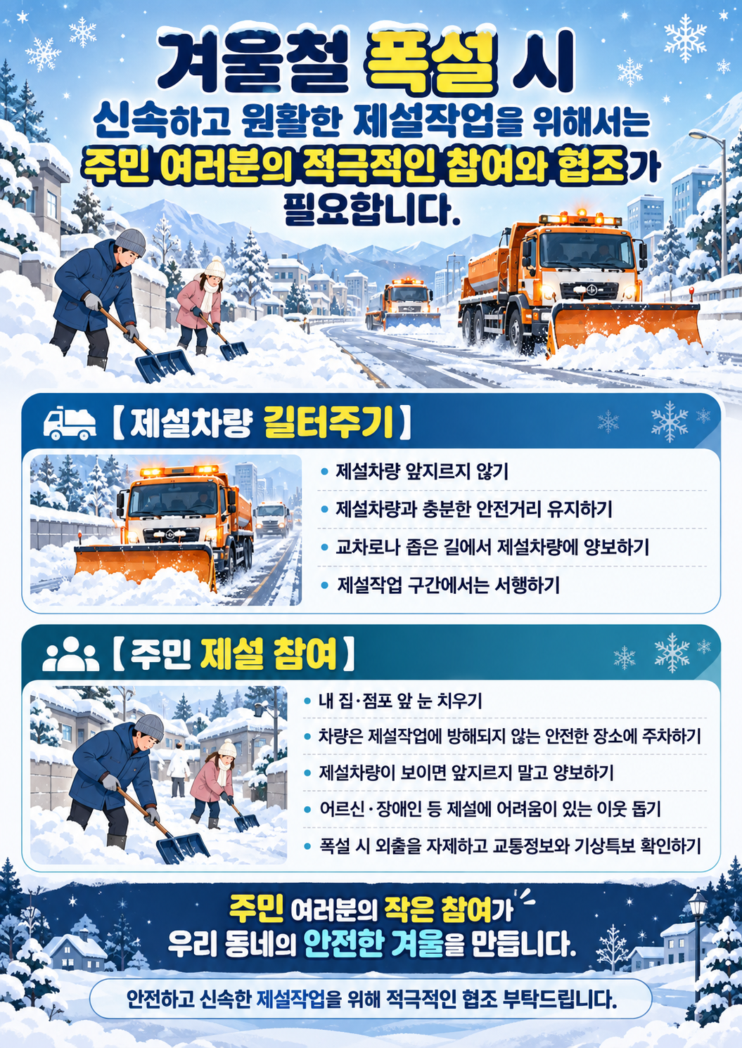 겨울철 폭설대비 제설차량 길터주기 등 주민 홍보사항 입니다. 1번째 이미지