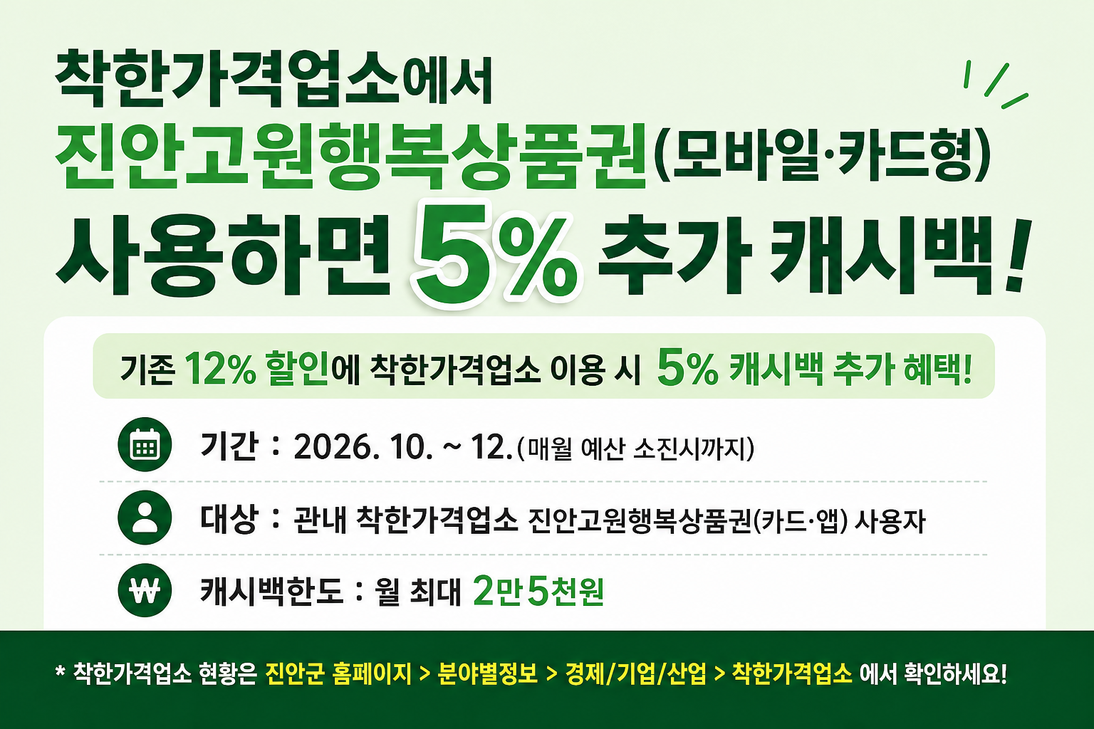착한가격업소에서 진안고원행복상품권(모바일·카드형) 사용하면 5프로 추가 캐시백!