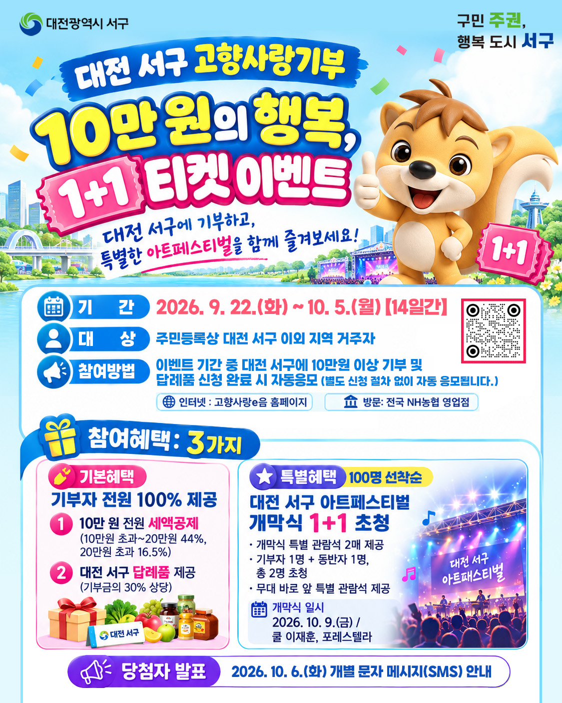 대전 서구 고향사랑기부 10만 원의 행복, 1+1 티켓 이벤트
