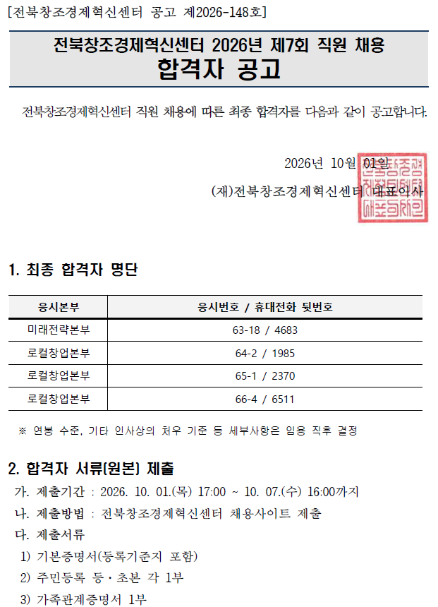 2026년 제7회 직원 채용 합격자 공고