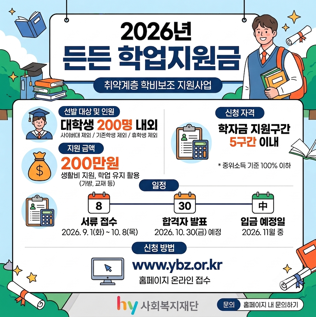 (재)hy사회복지재단 2026년 든든 학업지원금 장학생 선발 안내
