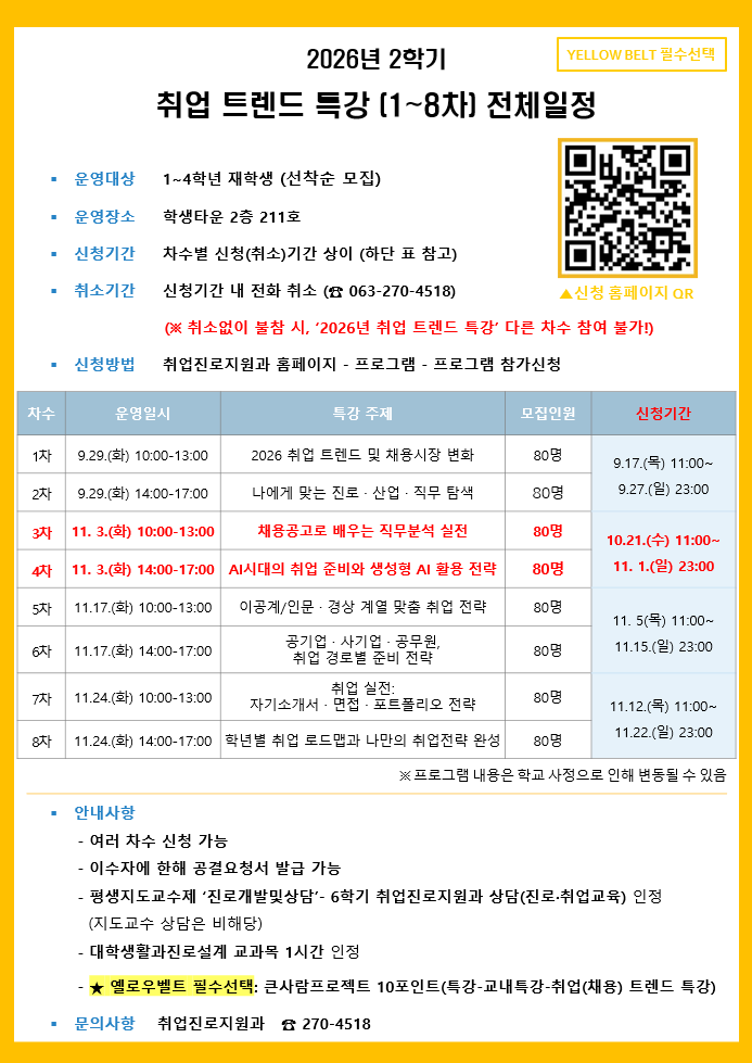 [YELLOW BELT 필수선택]취업 트렌드 특강(3-4차) 신청 안내<※대진설 1시간인정>