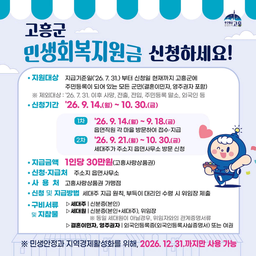 고흥군, 민생회복지원금 97% 지급... 10월 30일까지 신청 가능