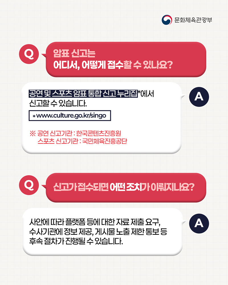 (로고)문화체육관광부 | 질문: 암표 신고는 어디서, 어떻게 접수할수있나요? / 답변: 공연 및 스포츠 암표 통합 신고 누리집에서 신고할수 있습니다. * www.culture.go.kr/singo ※공연 신고기관 : 한국콘텐츠진흥원, ※스포츠 신고기관 : 국민체육진흥공단 | 질문: 신고가 접수되면 어떤 조치가 이뤄지나요? / 답변: 사안에 따라 플랫폼 등에 대한 자료제출요구, 수사기관에 정보제공, 게시물 노출 제한 통보 등 후속 절차가 진행될 수 있습니다.